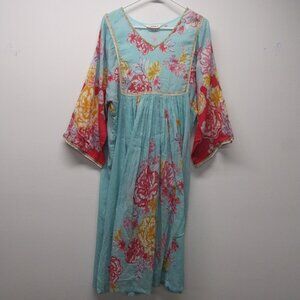 BIBA Aqua Floral Lightweight Boho Hippie Midi Dress Wide Sleeves sz 36 Large